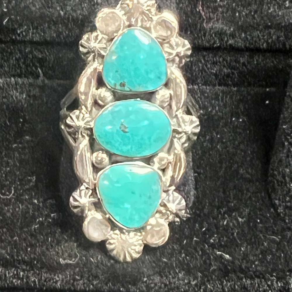 Turquoise and Sterling Silver Ornate Ring by Navajo Sadie Jim